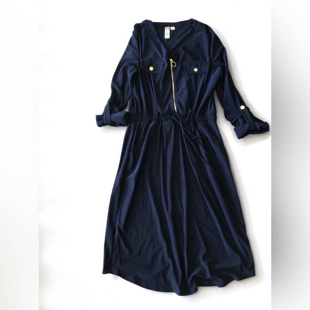 Emma & Michele Navy Long Sleeve Dress with Gold Hardware